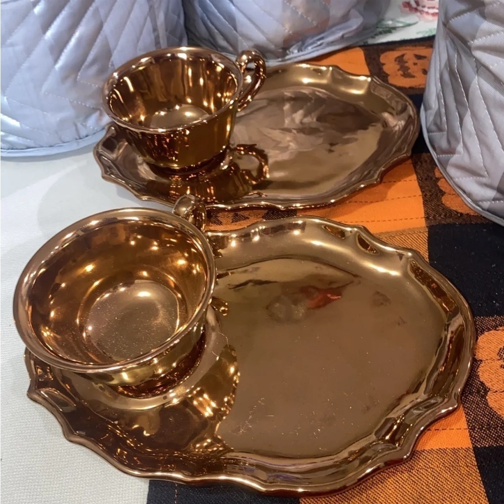 Vtg Italian PV Peasant Village Bronze Ceramic Plate w/ Matching Mug‎ set of 2
